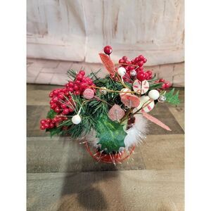 Santa bucket floral arrangement Mistletoe pine cone drum berry xmas decor